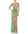 MAC DUGGAL SEQUINED ONE SHOULDER DRAPED LACE UP GOWN