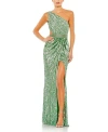 Mac Duggal Sequined One Shoulder Draped Lace Up Gown In Sage
