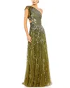 Mac Duggal Sequined One Shoulder Flutter Sleeve A Line Gown In Green