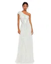 Mac Duggal Sequined One Shoulder Flutter Sleeve A Line Gown In White