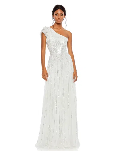 Mac Duggal Sequined One Shoulder Flutter Sleeve A Line Gown In White