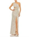 Mac Duggal Sequined One Shoulder Draped Lace Up Gown In Nude