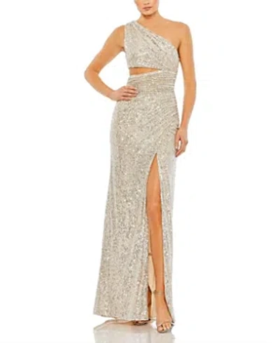 Mac Duggal Sequined One Shoulder High Slit Gown In Nude
