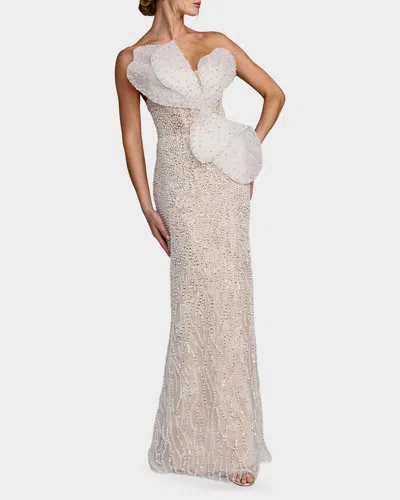 Mac Duggal Sequined Organza Strapless Bow Detail Column Gown In Neutral