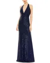 Mac Duggal Sequined Halter Strap Plunge Neck Gown In Blue