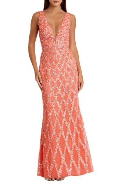 Mac Duggal Sequined Plunge Neck Sleeveless Column Gown In Coral