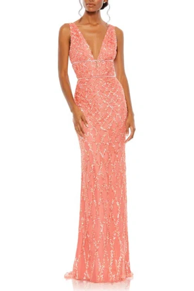 Mac Duggal Sequined Plunge Neck Sleeveless Column Gown In Coral
