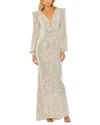 Mac Duggal Sequined Plunge Neck Structured Bishop Sleeve Gown In Nude Silver
