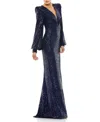 Mac Duggal Sequined Plunge Neck Structured Bishop Sleeve Gown In Black