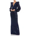 Mac Duggal Sequined Plunge Neck Structured Bishop Sleeve Gown In Midnight