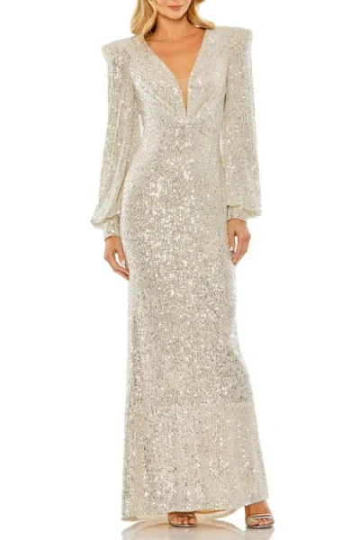 Mac Duggal Sequined Plunge Neck Structured Bishop Sleeve Gown In Nude Silver