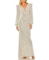 Mac Duggal Sequined Plunge Neck Structured Bishop Sleeve Gown In Nude Silver
