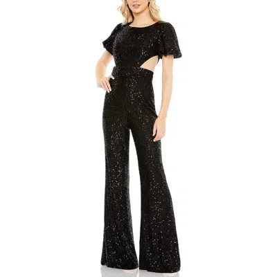 Mac Duggal Sequined Puff Shoulder Illusion Cut Out Jumpsuit In Animal Print
