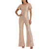 Mac Duggal Sequined Puff Shoulder Illusion Cut Out Jumpsuit In Blush