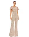 Mac Duggal Sequined Puff Shoulder Illusion Cut Out Jumpsuit In Gold