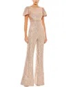 Mac Duggal Sequined Puff Shoulder Illusion Cut Out Jumpsuit In Beige