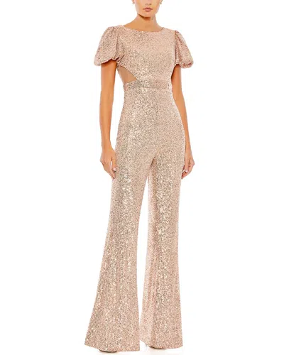 MAC DUGGAL SEQUINED PUFF SHOULDER ILLUSION CUTOUT JUMPSUIT