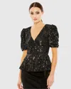Mac Duggal Sequined Puff Sleeve Faux Wrap Top In Black
