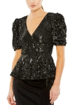 Mac Duggal Sequined Puff Sleeve Faux Wrap Top In Black