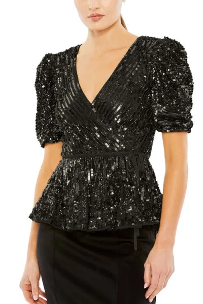 MAC DUGGAL MAC DUGGAL SEQUINED PUFF SLEEVE FAUX WRAP TOP