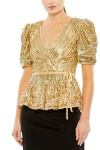 Mac Duggal Sequined Puff Sleeve Faux Wrap Top In Gold