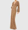 Mac Duggal Sequined Puff Sleeve V Neck Gown In Bronze In Gold