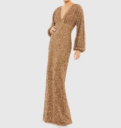 Mac Duggal Sequined Puff Sleeve V Neck Gown In Bronze In Gold