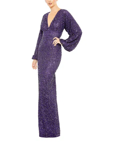 Mac Duggal Sequined Puff Sleeve V Neck Gown In Purple