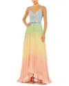 MAC DUGGAL SEQUINED RAINBOW SLEEVELESS HIGH LOW GOWN