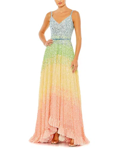 Mac Duggal Sequined Rainbow Sleeveless High Low Gown In Multi