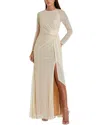 Mac Duggal Sequined Ruched Boat Neck Gown In Neutral