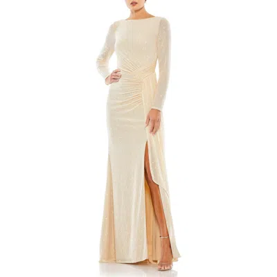 Mac Duggal Sequined Ruched Long Sleeve Boat Neck Gown In Pearl