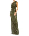 Mac Duggal Sequin One-shoulder Column Gown In Olive