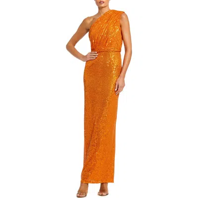 Mac Duggal Sequined Ruched One Shoulder Gown In Orange
