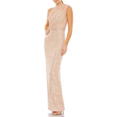 Mac Duggal Sequined Ruched One Shoulder Gown In Rose Pink
