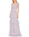 Mac Duggal Sequined Ruffled Cap Sleeve Cut Out Tiered Gown In Purple