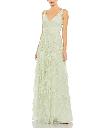 Mac Duggal Sequined Scallop Ruffle Tiered V Neck Gown In Green