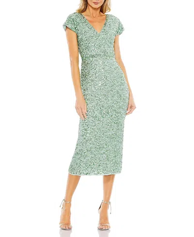 Mac Duggal Sequined Short Sleeve Wrap Over Cocktail Dress In Blue