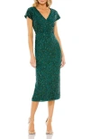 Mac Duggal Sequined Short Sleeve Wrap Over Cocktail Dress In Green