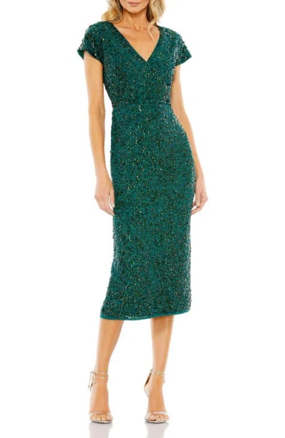 Mac Duggal Sequined Short Sleeve Wrap Over Cocktail Dress In Green