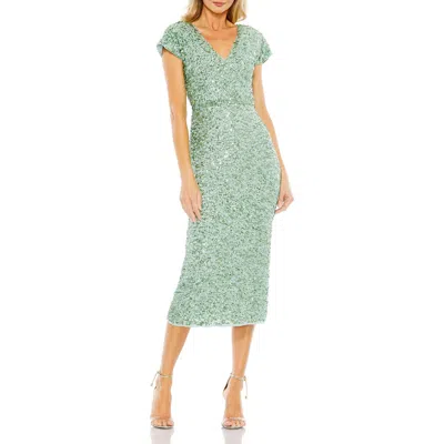 Mac Duggal Sequined Short Sleeve Wrap Over Cocktail Dress In Sage