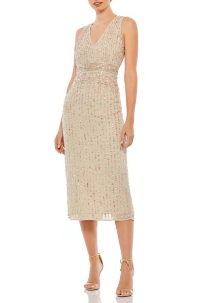 Mac Duggal Sequined Sleeveless V-neck Midi Sheath Dress In Brown