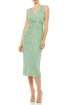 Mac Duggal Sequined Sleeveless V-neck Midi Sheath Dress In Sage