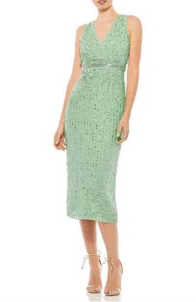 Mac Duggal Sequined Sleeveless V-neck Midi Sheath Dress In Sage