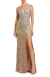 Mac Duggal Sequined Sleeveless V Neck Side Slit Gown In Shimmering Gold