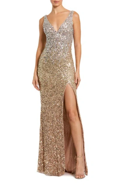 Mac Duggal Sequined Sleeveless V Neck Side Slit Gown In Shimmering Gold