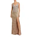 Mac Duggal Sequined Sleeveless V Neck Side Slit Gown In Shimmering Gold