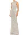 Mac Duggal Metallic Column Gown In Nude Silver