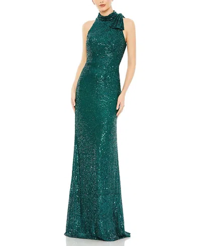 MAC DUGGAL SEQUINED SOFT TIE HALTER NECK COLUMN GOWN