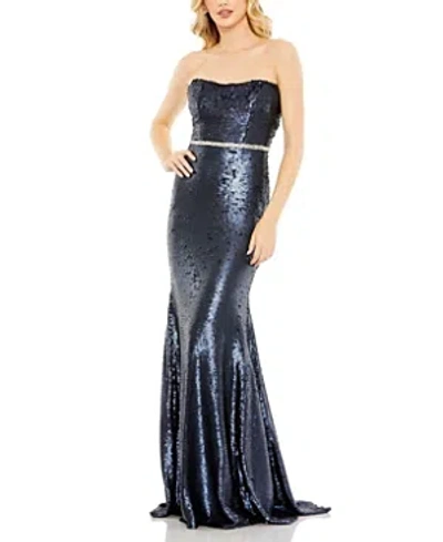 Mac Duggal Sequined Strapless Rhinestone Belt Gown In Midnight